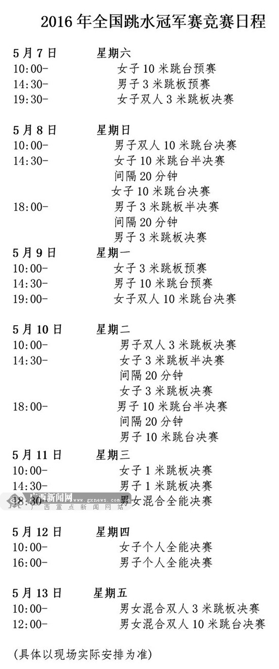 2016全国跳水冠军赛暨奥运选拔赛将于5月在邕开赛